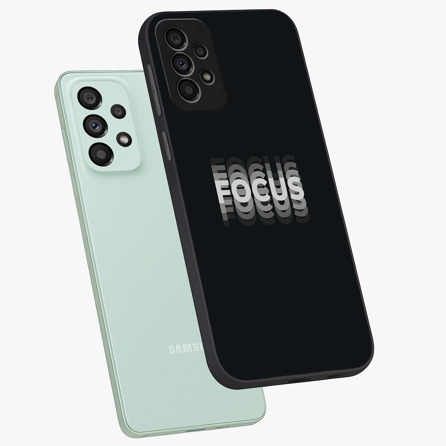 Focus Mode On Glass Case displayed in angled mockup highlighting clean minimal text artwork with modern aesthetic style.