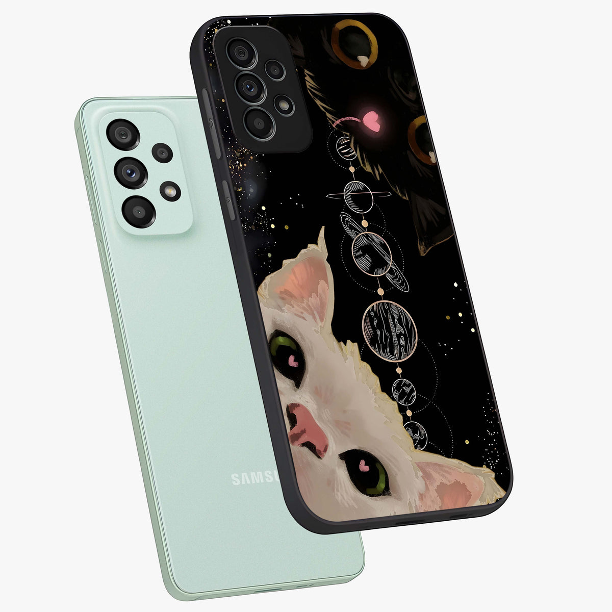 Galactic Cat Glass Case displayed in angled mockup highlighting celestial feline illustration with galaxy aesthetic style.