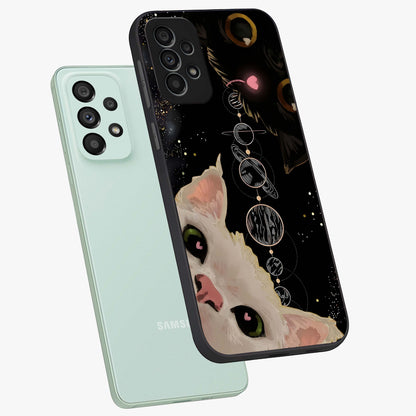Galactic Cat Glass Case displayed in angled mockup highlighting celestial feline illustration with galaxy aesthetic style.