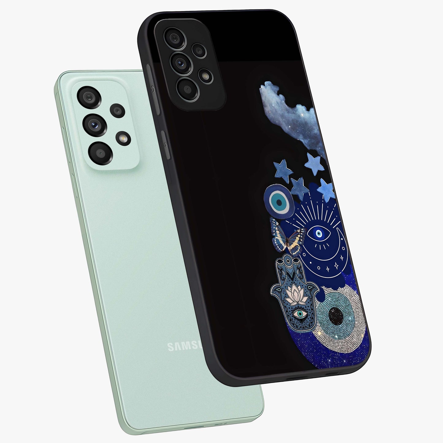 Galactic Charm Cluster Glass Case displayed in angled mockup highlighting luminous galaxy inspired design with dreamy aesthetic.