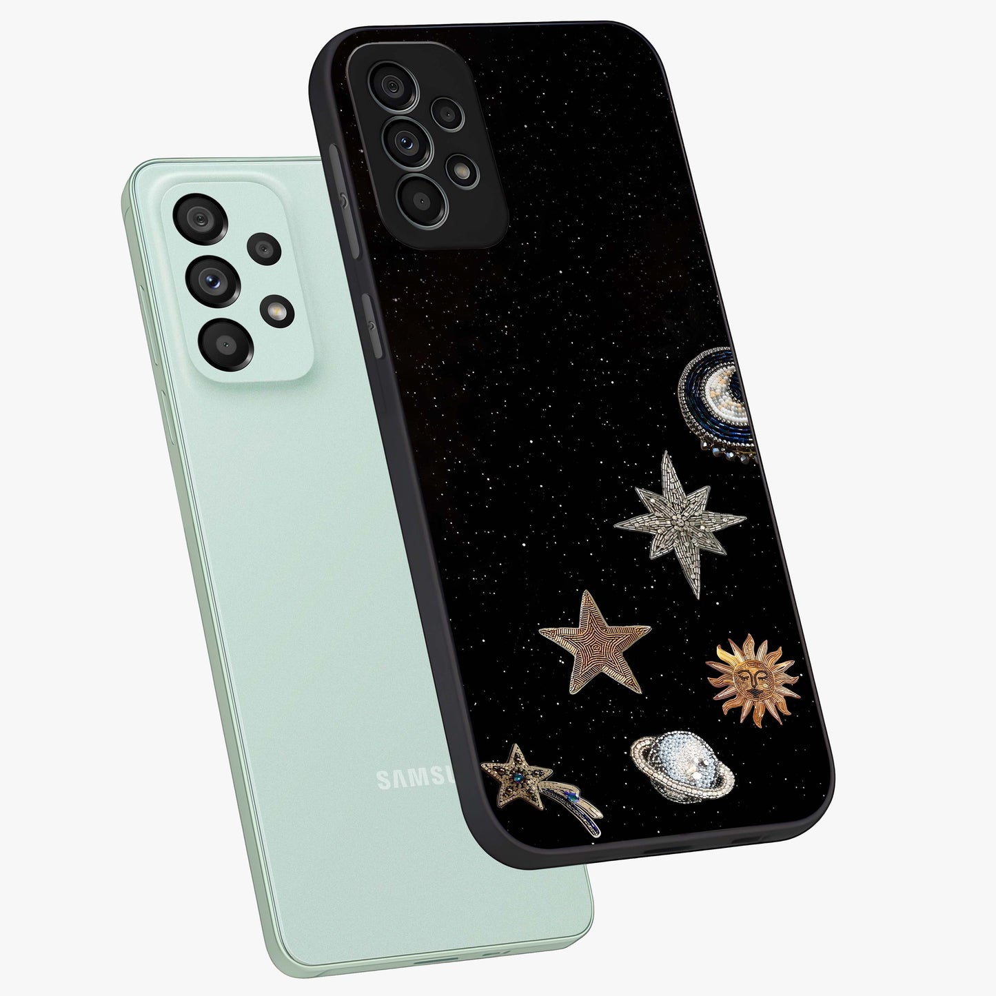 Galactic Charm Glow Glass Case displayed in angled mockup highlighting luminous galaxy inspired design with dreamy aesthetic.