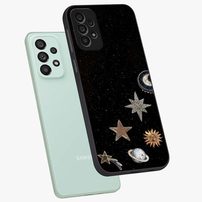 Galactic Charm Glow Glass Case displayed in angled mockup highlighting luminous galaxy inspired design with dreamy aesthetic.