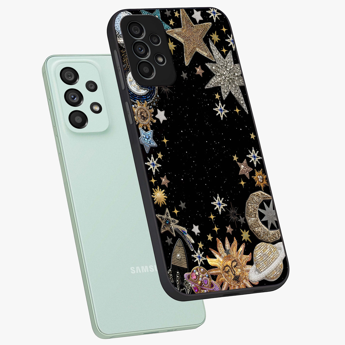Galactic Jewel Stars Glass Case displayed in angled mockup highlighting shining celestial star design with cosmic aesthetic style.