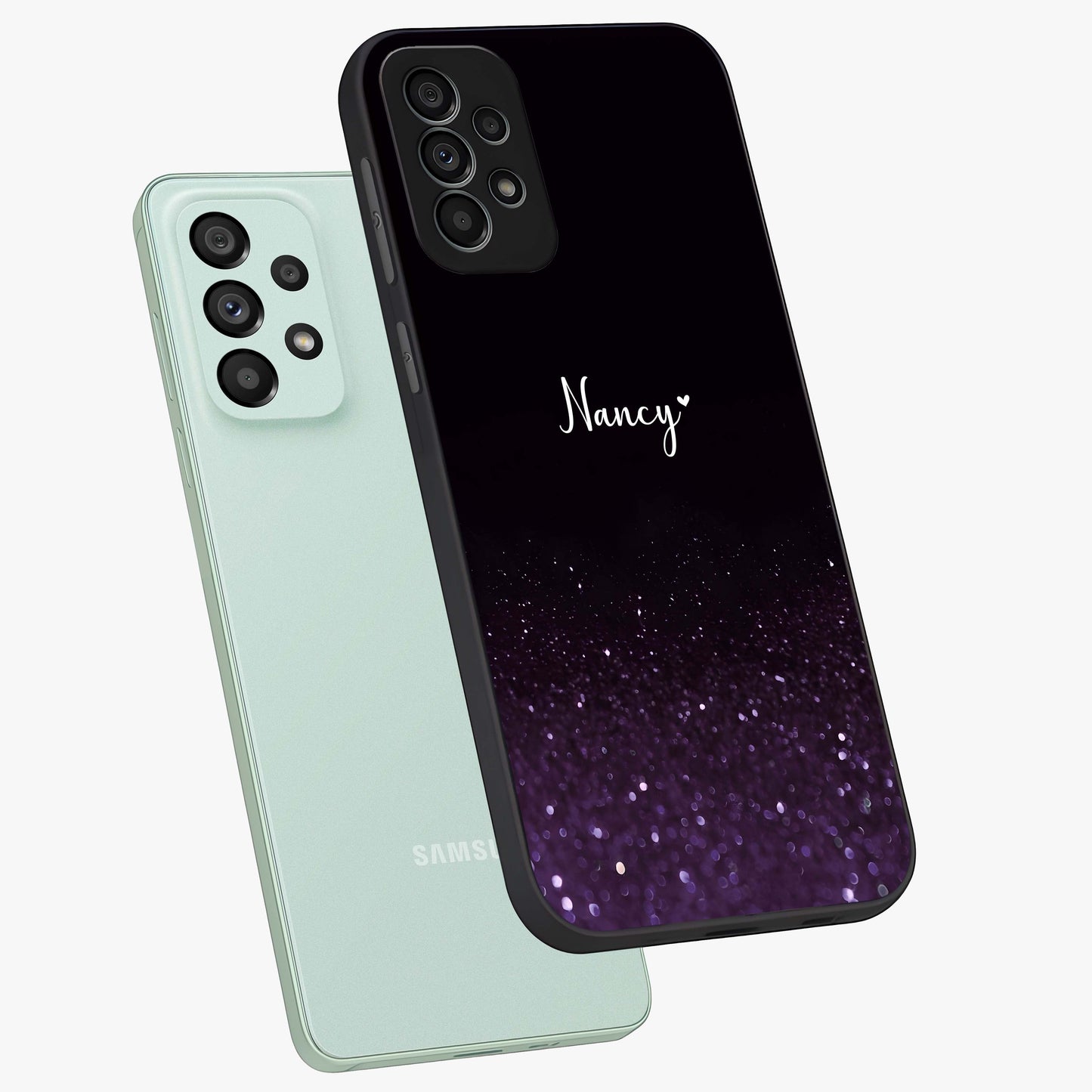 Glittery Purple Bokeh Custom Name Glass Case displayed in angled mockup highlighting glitter bokeh pattern with custom name feature.