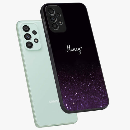 Glittery Purple Bokeh Custom Name Glass Case displayed in angled mockup highlighting glitter bokeh pattern with custom name feature.