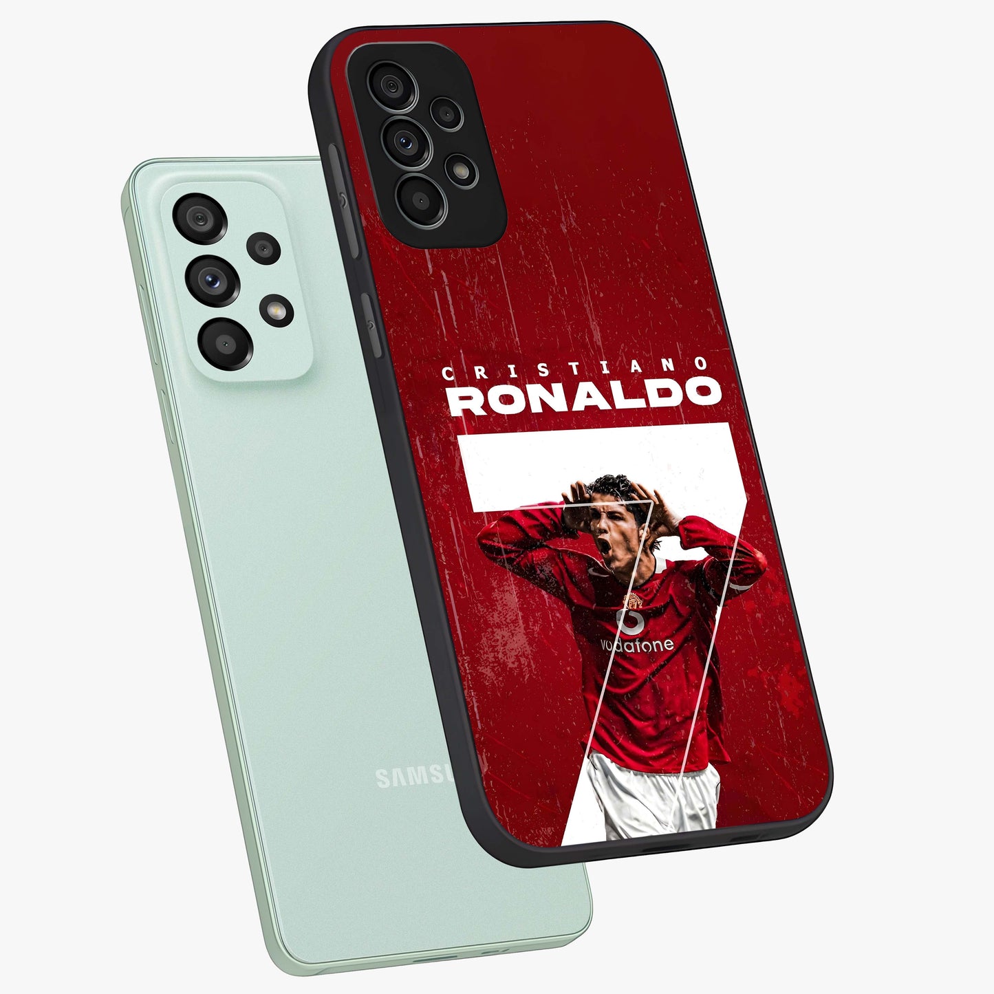 Goal Celebration Legacy Glass Case displayed in angled mockup highlighting energetic sports celebration design with bold athletic theme.