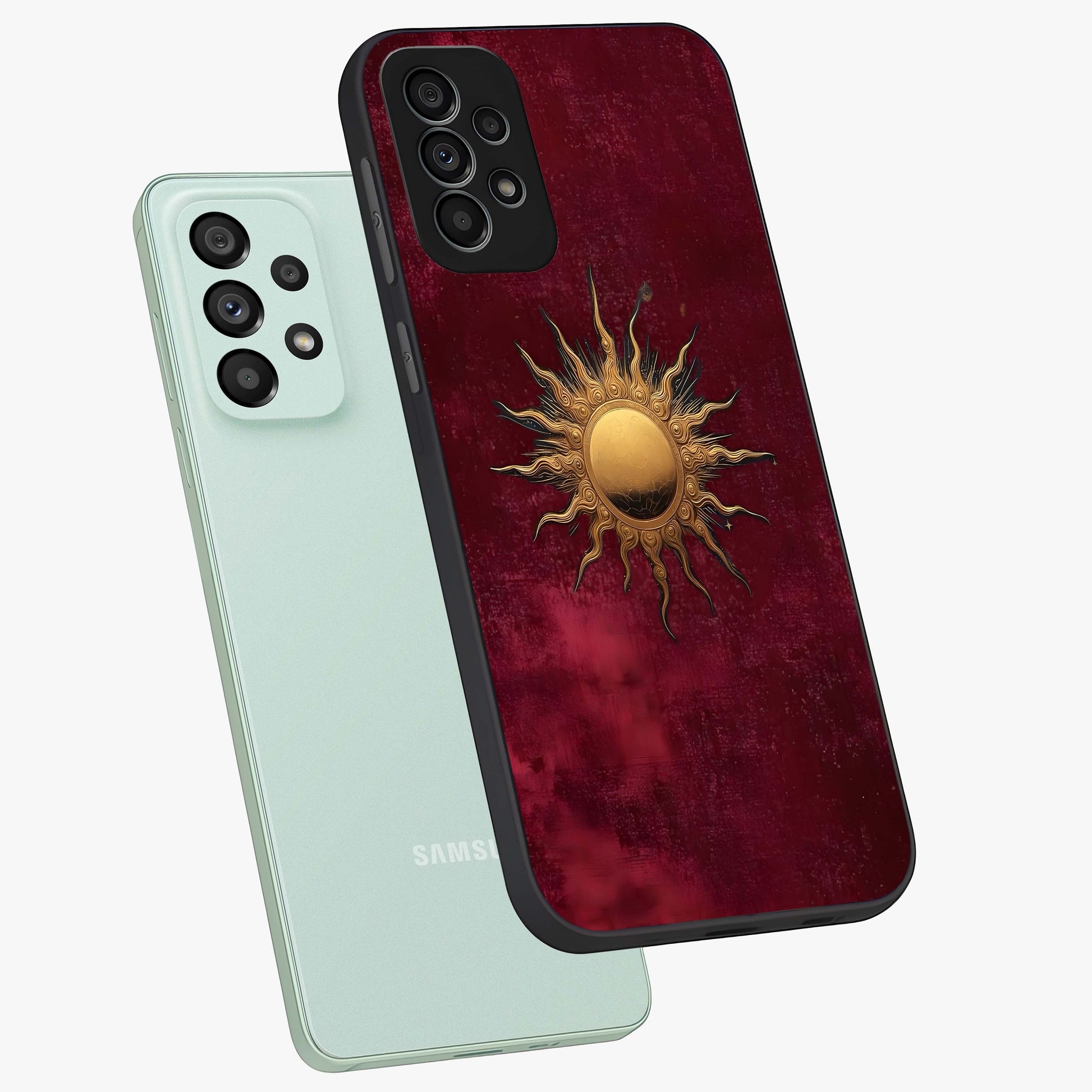 Golden Sun Minimalism Glass Case displayed in angled mockup highlighting clean sun symbol design with modern minimal aesthetic.