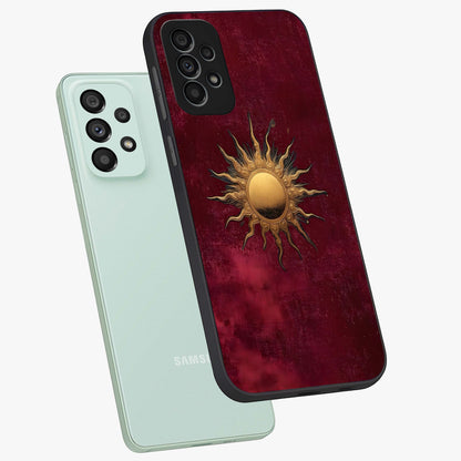 Golden Sun Minimalism Glass Case displayed in angled mockup highlighting clean sun symbol design with modern minimal aesthetic.