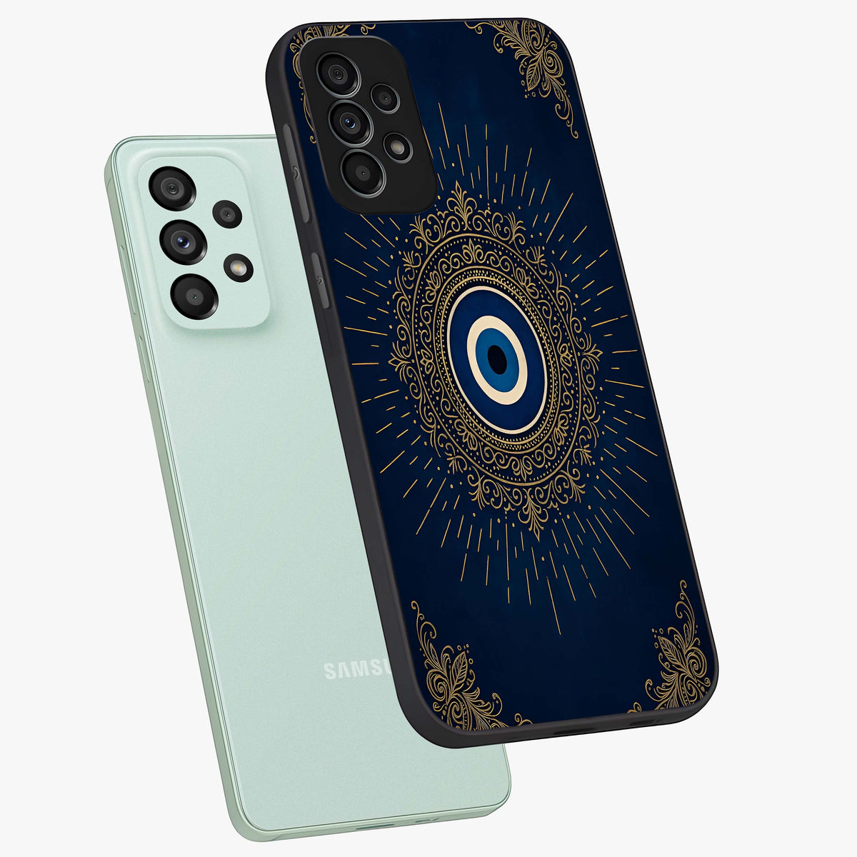 Golden Celestial Charm Glass Case displayed in angled mockup highlighting sparkling cosmic charm design with celestial aesthetic.