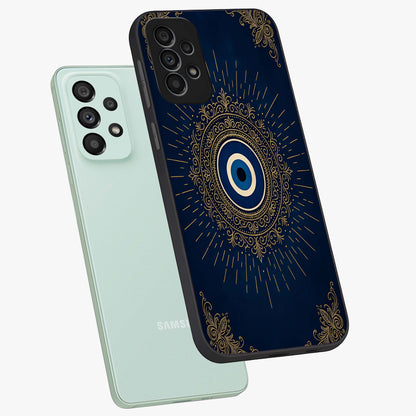 Golden Celestial Charm Glass Case displayed in angled mockup highlighting sparkling cosmic charm design with celestial aesthetic.
