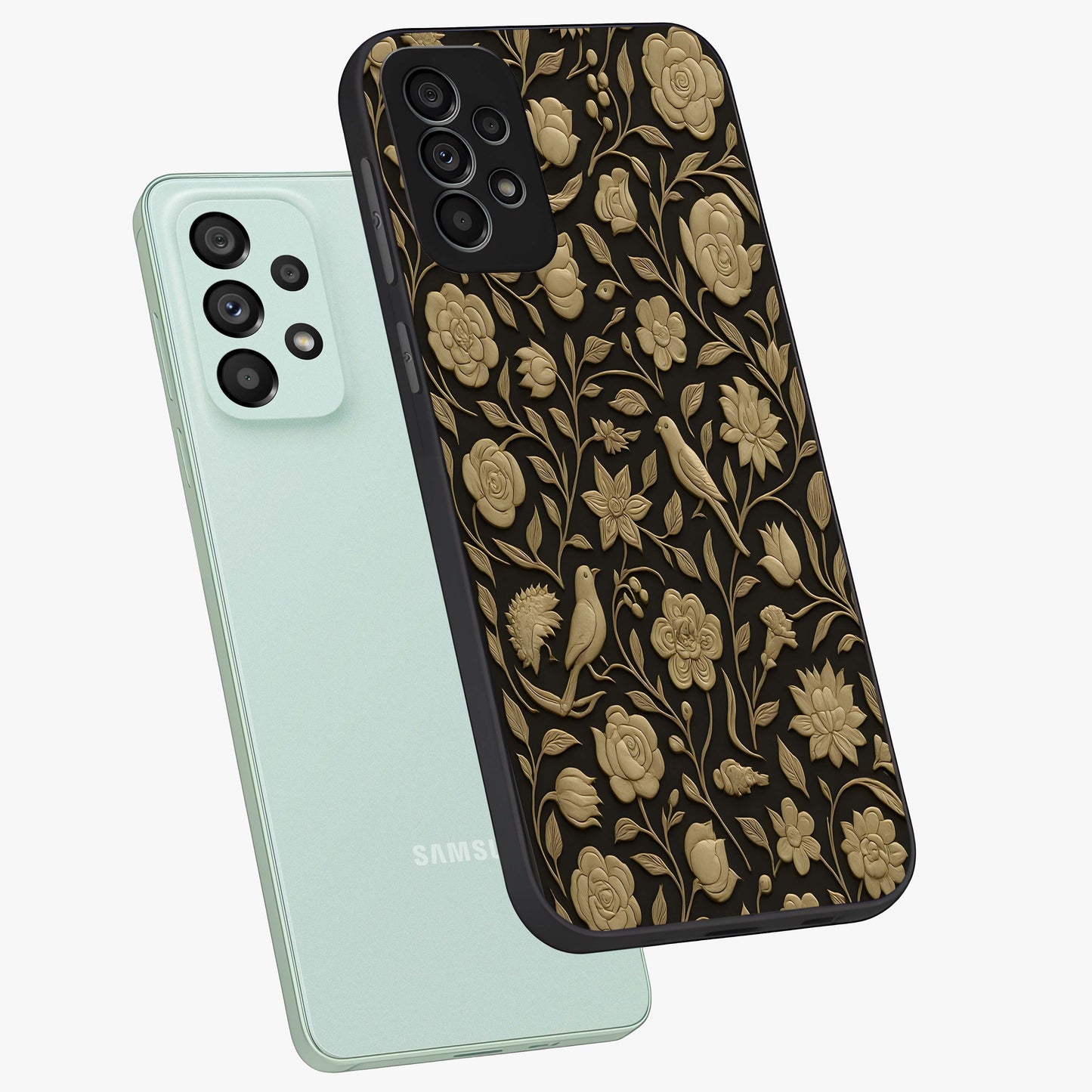 Golden Evil Eye Mandala Glass Case displayed in angled mockup highlighting protective evil eye symbol with golden mandala design.