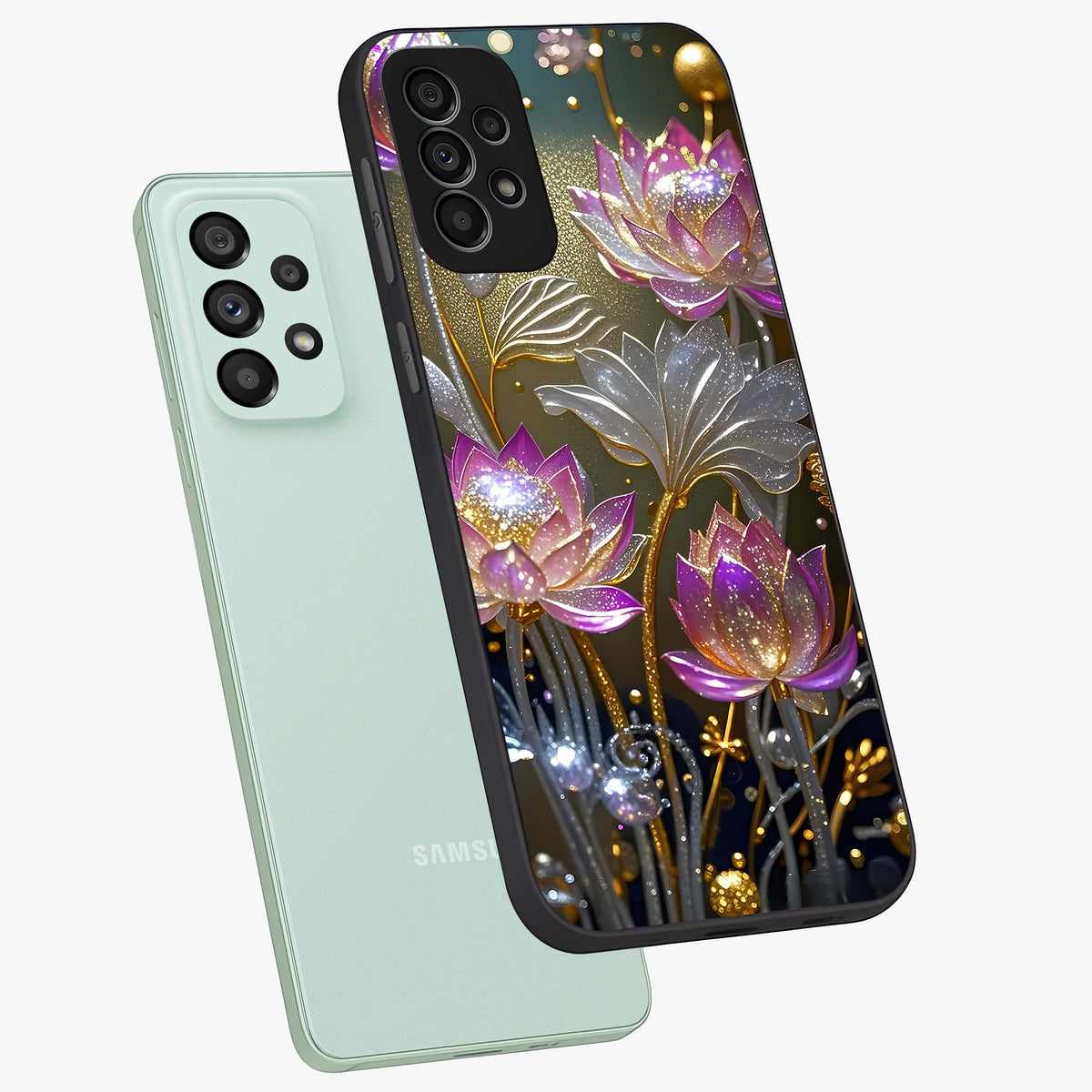 Golden Floral Majesty Glass Case displayed in angled mockup highlighting elegant flower design with royal golden aesthetic.