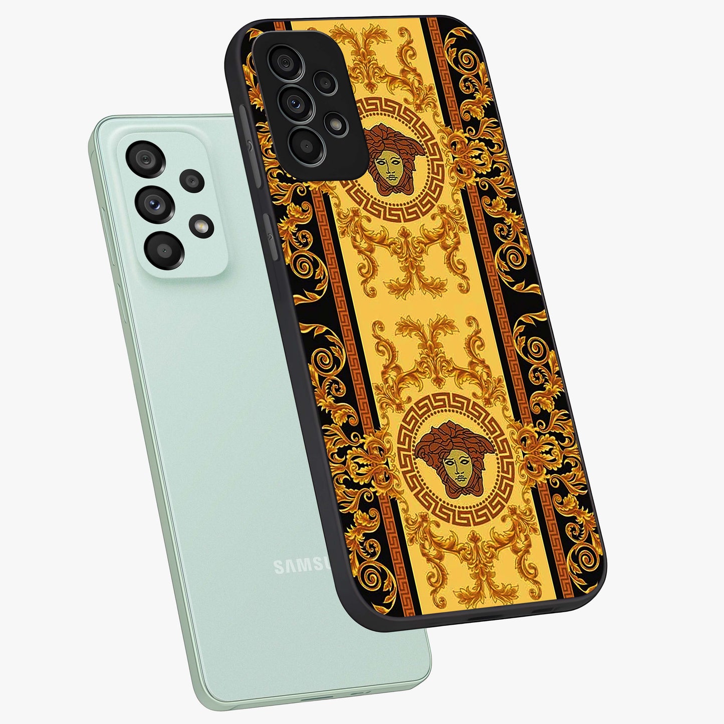 Golden Lotus Glow Glass Case displayed in angled mockup highlighting radiant lotus illustration with spiritual aesthetic.