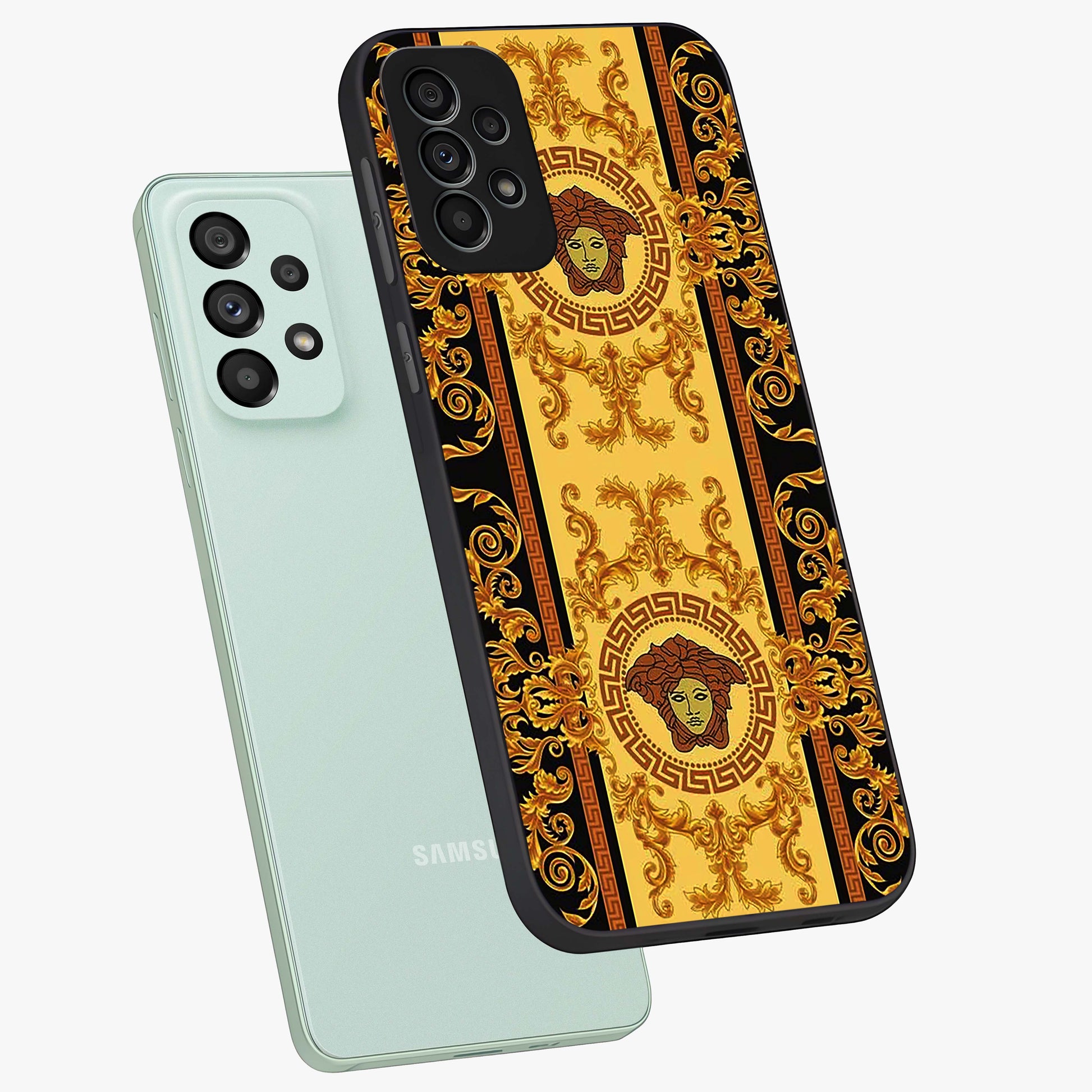Golden Lotus Glow Glass Case displayed in angled mockup highlighting radiant lotus illustration with spiritual aesthetic.