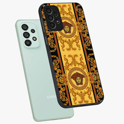 Golden Lotus Glow Glass Case displayed in angled mockup highlighting radiant lotus illustration with spiritual aesthetic.