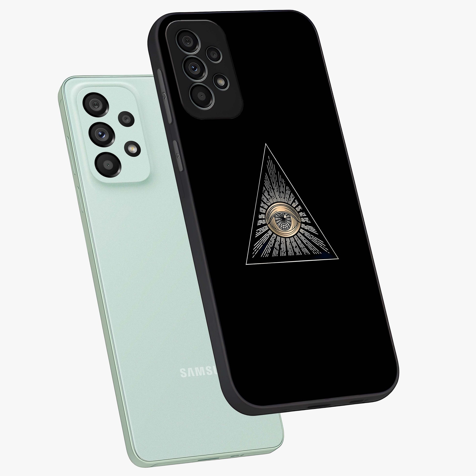 Illuminati Evil Glass Case displayed in angled mockup highlighting dark occult inspired design with bold aesthetic style.