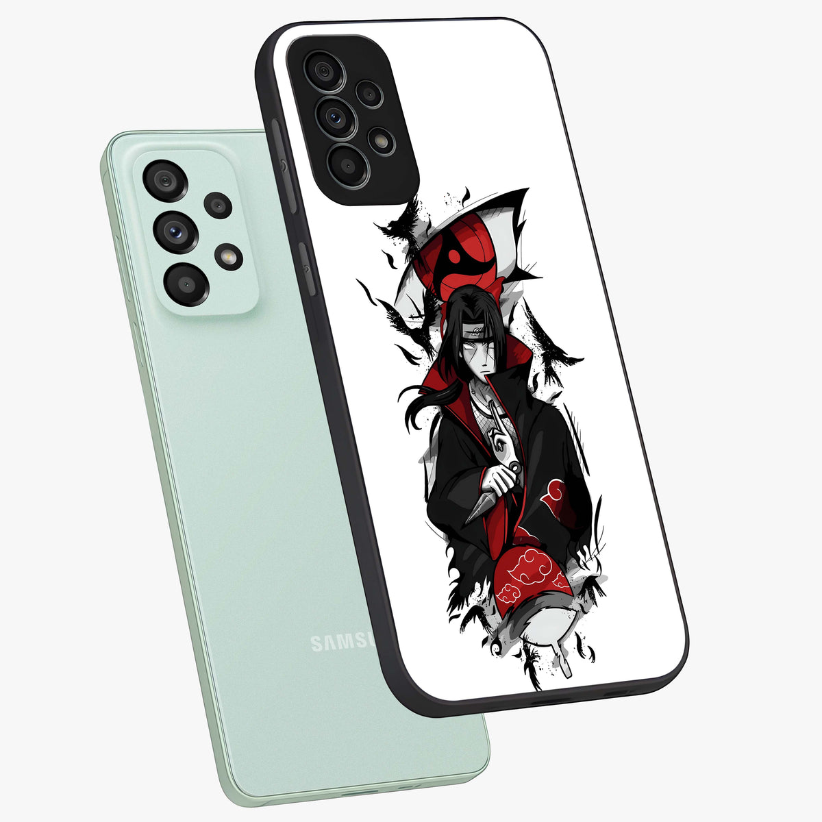 Itachi Limited Edition Naruto Anime Glass Case displayed in angled mockup highlighting dramatic anime illustration with bold action aesthetic.