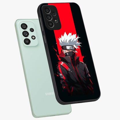 Kakashi Scarlet Shadow Glass Case displayed in angled mockup highlighting dramatic ninja illustration with scarlet themed aesthetic.