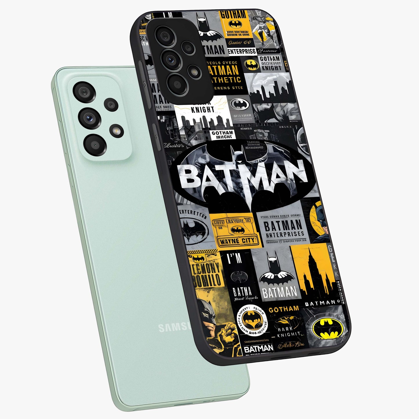 Knight Gotham Rise Glass Case displayed in angled mockup highlighting powerful knight silhouette design with dramatic aesthetic.