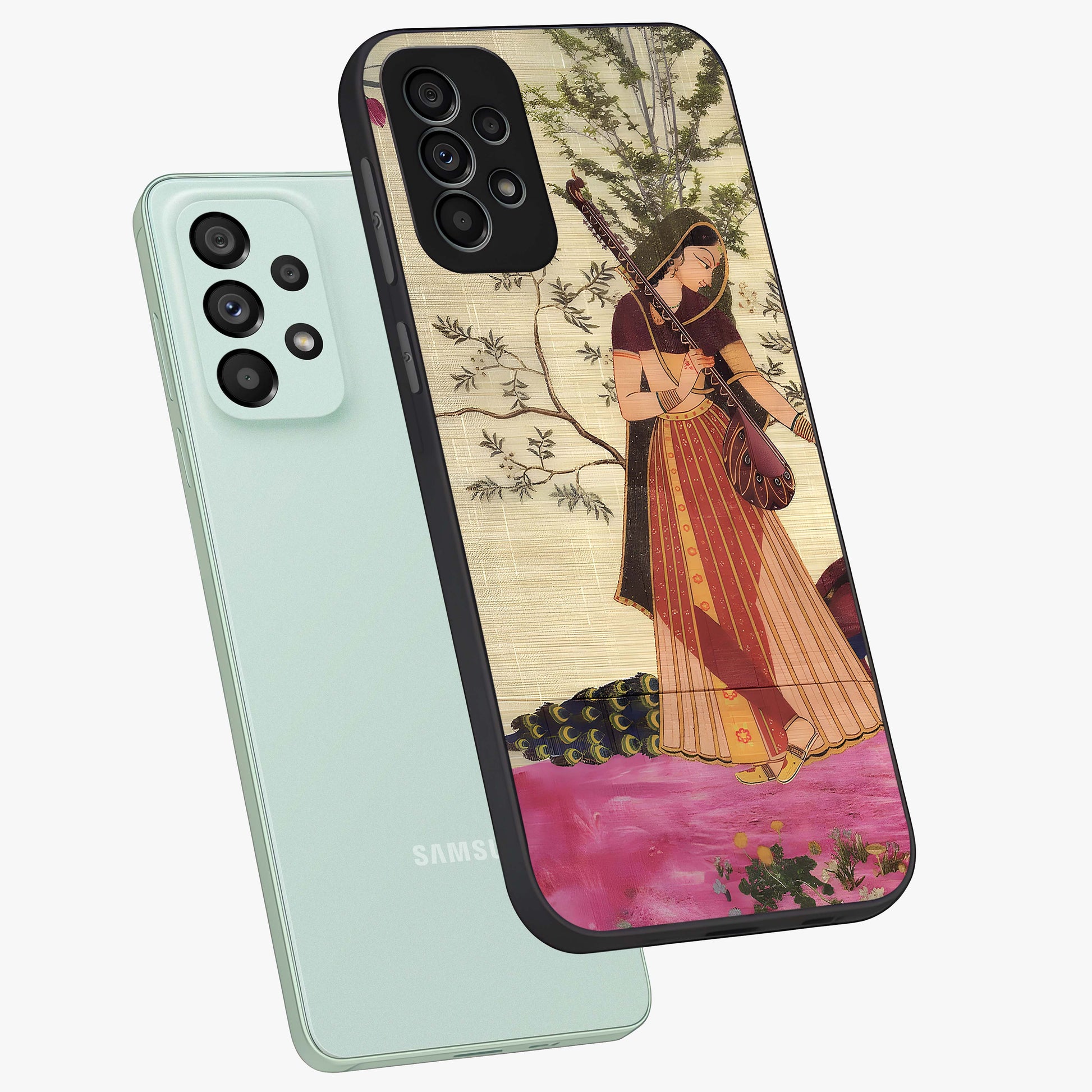 Lady With Veena Art Glass Case displayed in angled mockup highlighting graceful musical illustration with cultural artistic aesthetic.
