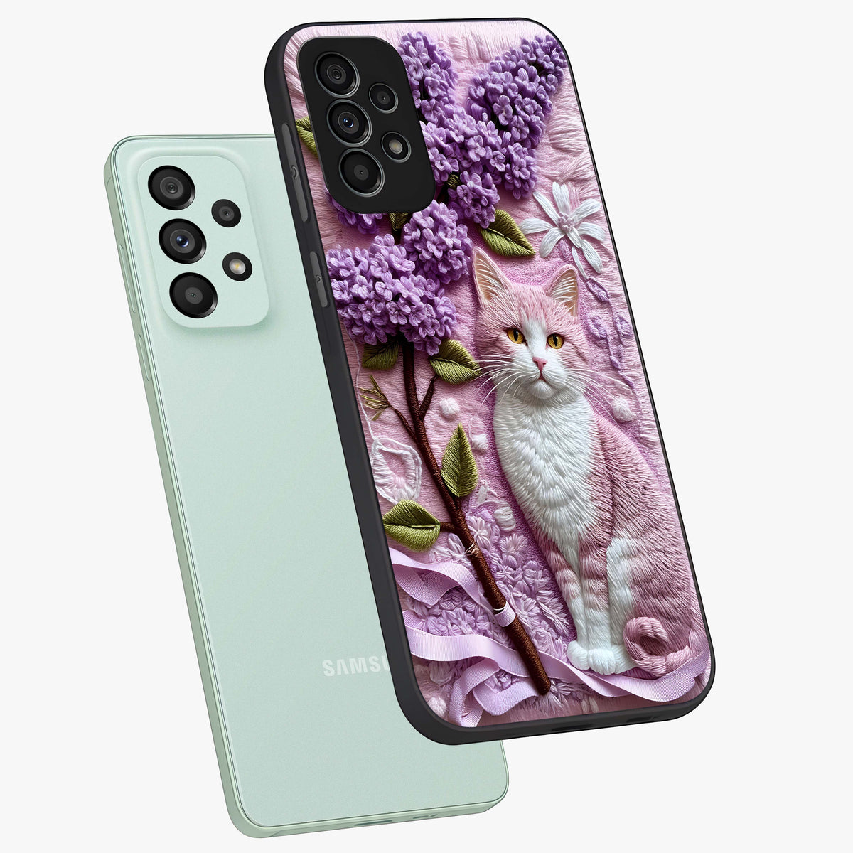 Lavender Cat Whimsy Glass Case displayed in angled mockup highlighting playful feline illustration with pastel lavender aesthetic.