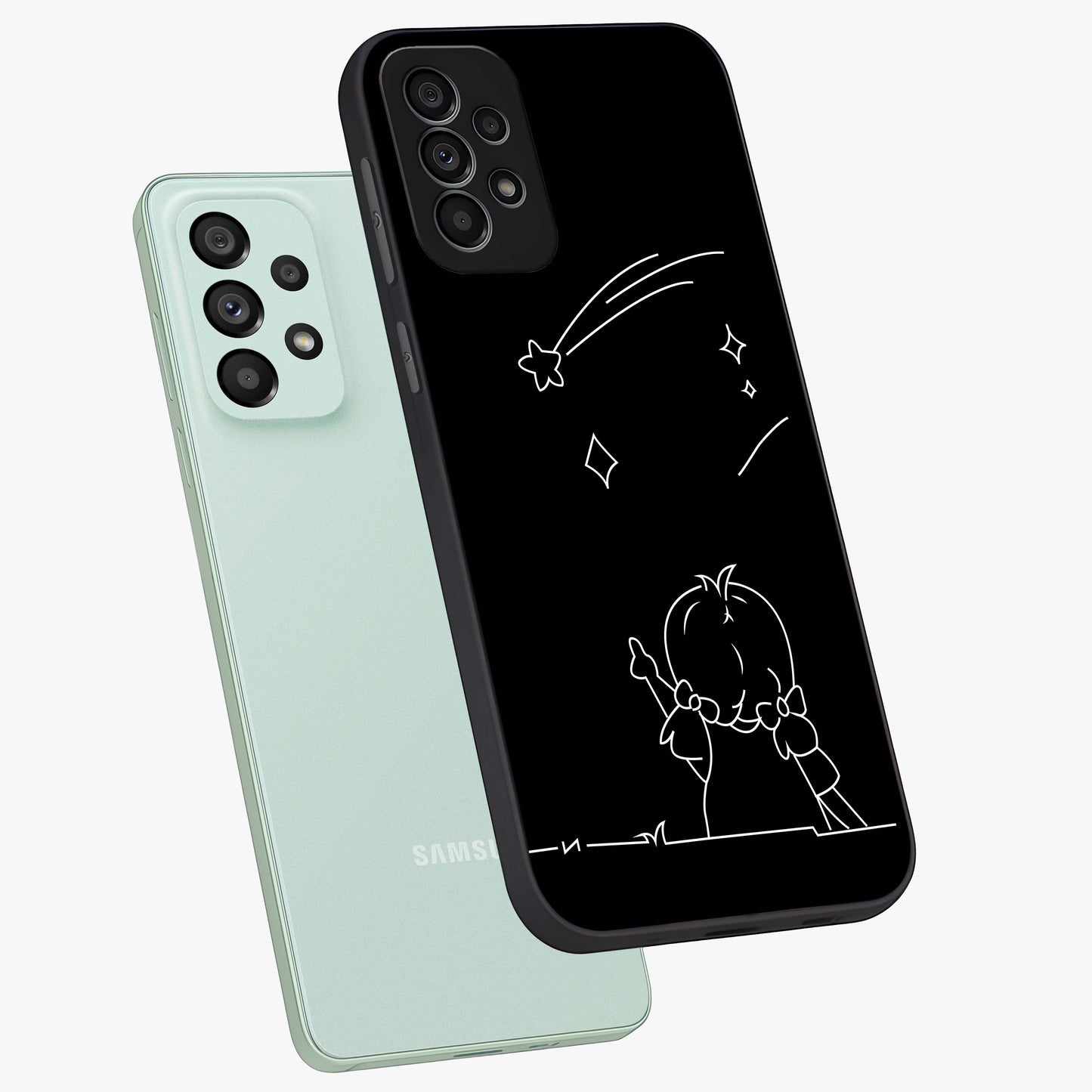 Line Art Girl With Shooting Stars Glass Case displayed in angled mockup highlighting elegant line art design with dreamy star aesthetic.