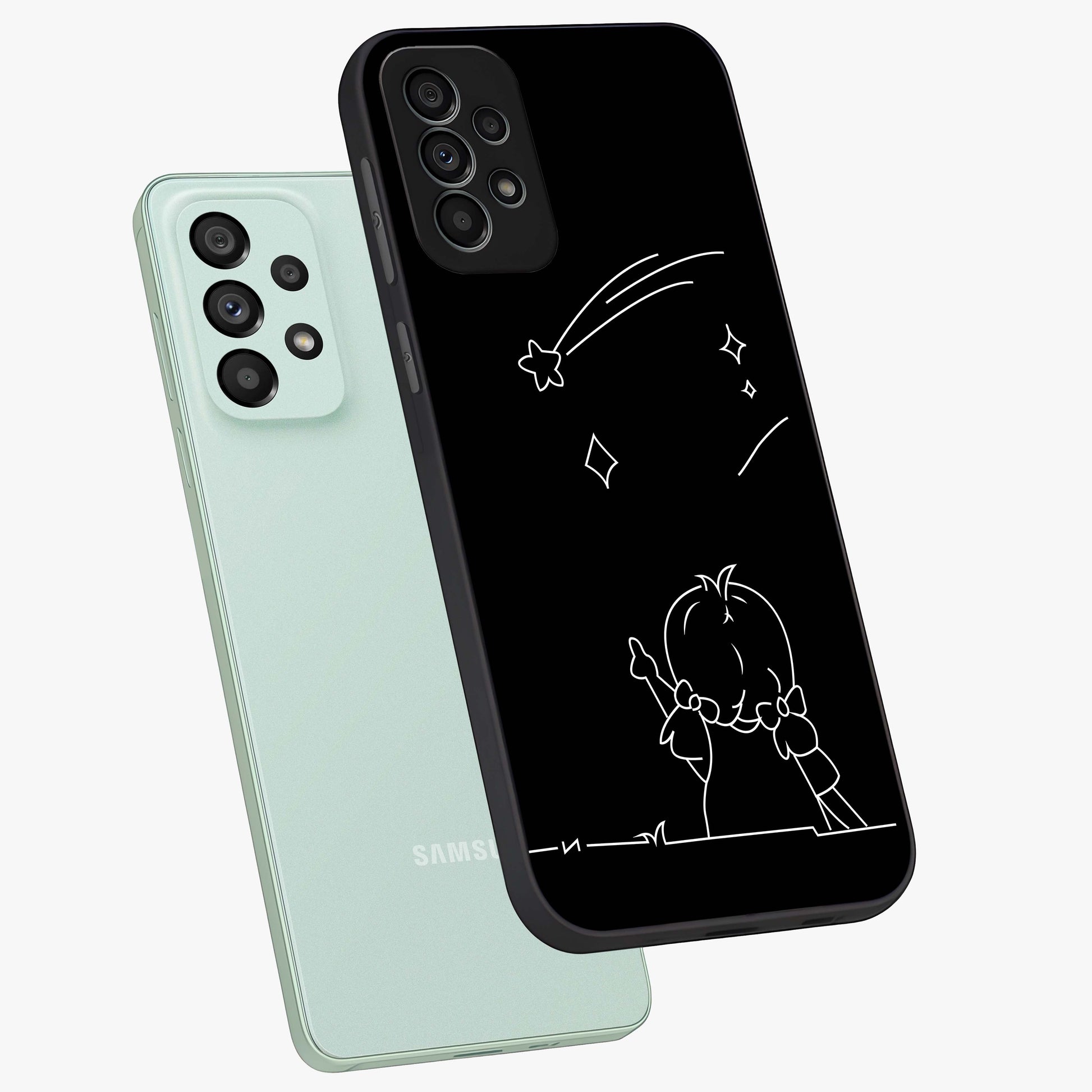 Line Art Girl With Shooting Stars Glass Case displayed in angled mockup highlighting elegant line art design with dreamy star aesthetic.