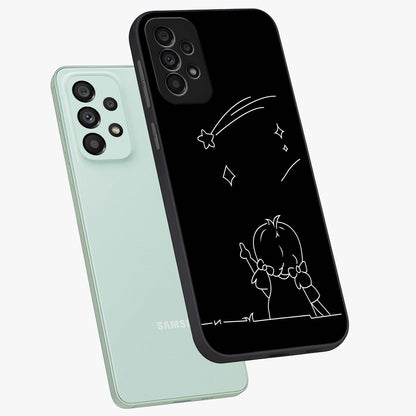 Line Art Girl With Shooting Stars Glass Case displayed in angled mockup highlighting elegant line art design with dreamy star aesthetic.