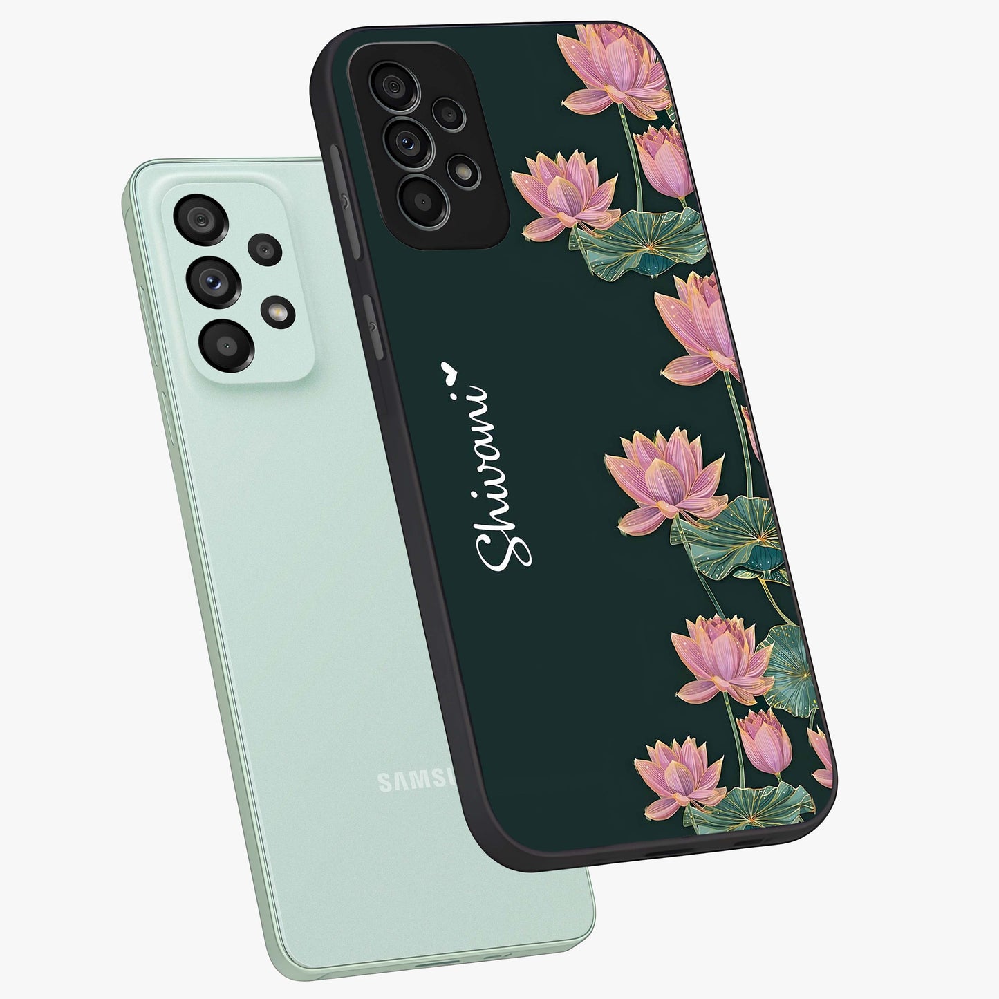 Lotus Bloom Serenity Custom Name Glass Case displayed in angled mockup highlighting graceful lotus illustration with custom name feature.