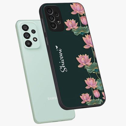 Lotus Bloom Serenity Custom Name Glass Case displayed in angled mockup highlighting graceful lotus illustration with custom name feature.