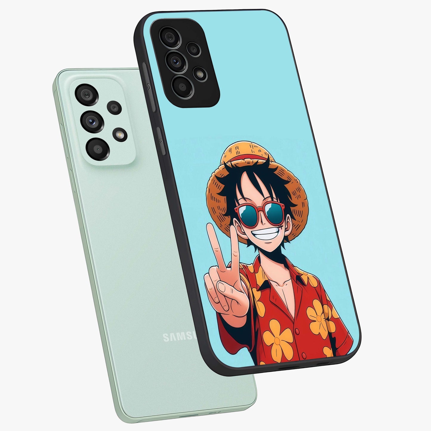 Luffy Summer Anime Vibe Glass Case displayed in angled mockup highlighting energetic anime illustration with summer vibe aesthetic.