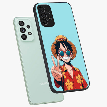 Luffy Summer Anime Vibe Glass Case displayed in angled mockup highlighting energetic anime illustration with summer vibe aesthetic.