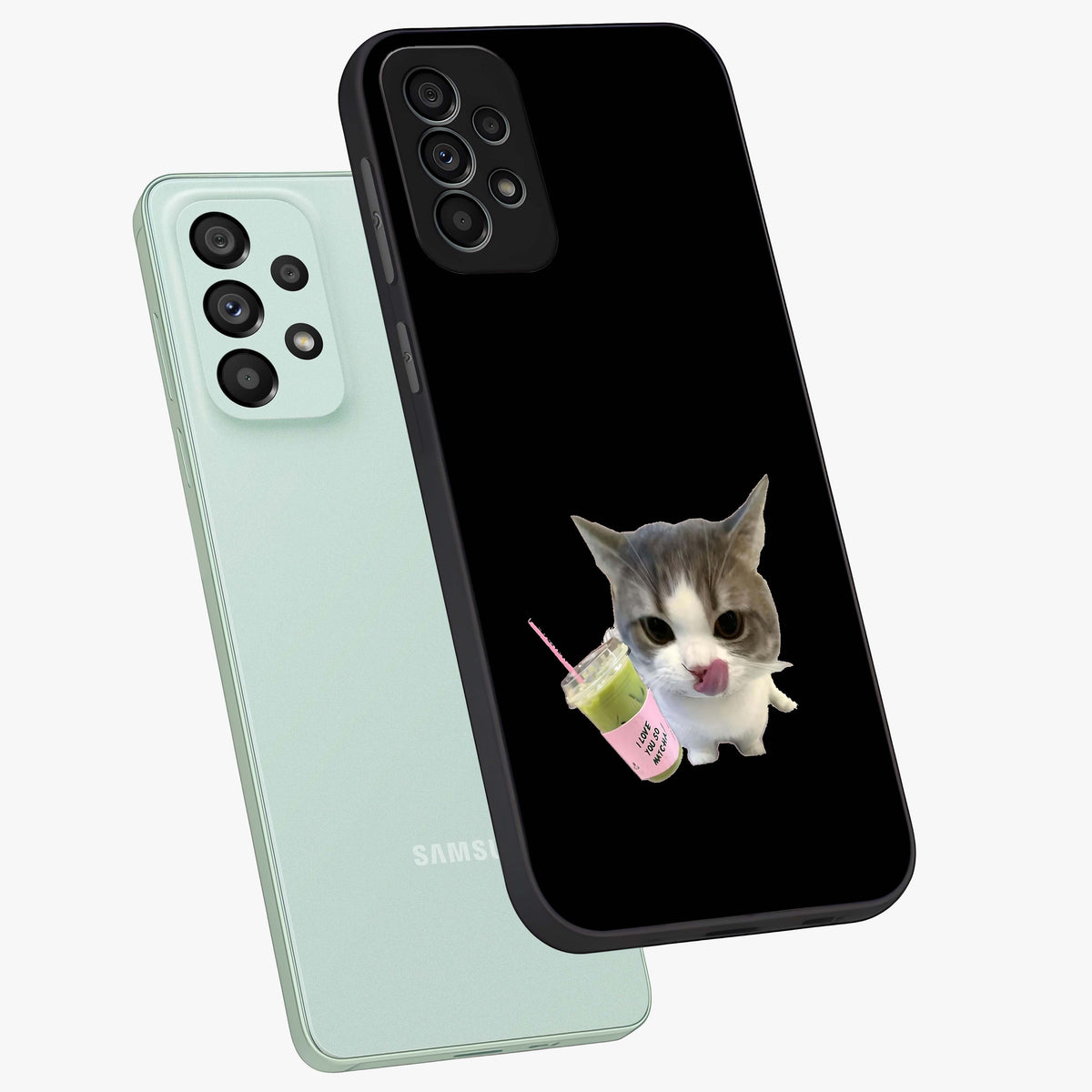 Matcha Cat Style Glass Case displayed in angled mockup highlighting playful feline design with pastel matcha aesthetic.
