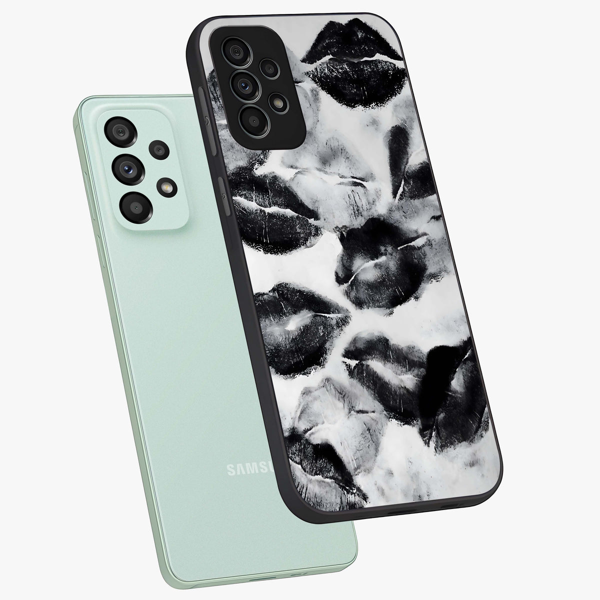 Midnight Kiss Marks Glass Case displayed in angled mockup highlighting playful romantic design with bold midnight aesthetic.