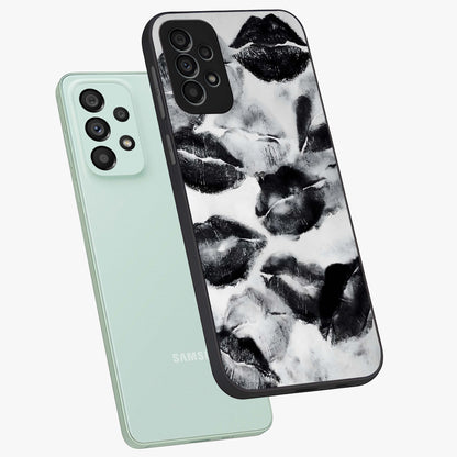 Midnight Kiss Marks Glass Case displayed in angled mockup highlighting playful romantic design with bold midnight aesthetic.