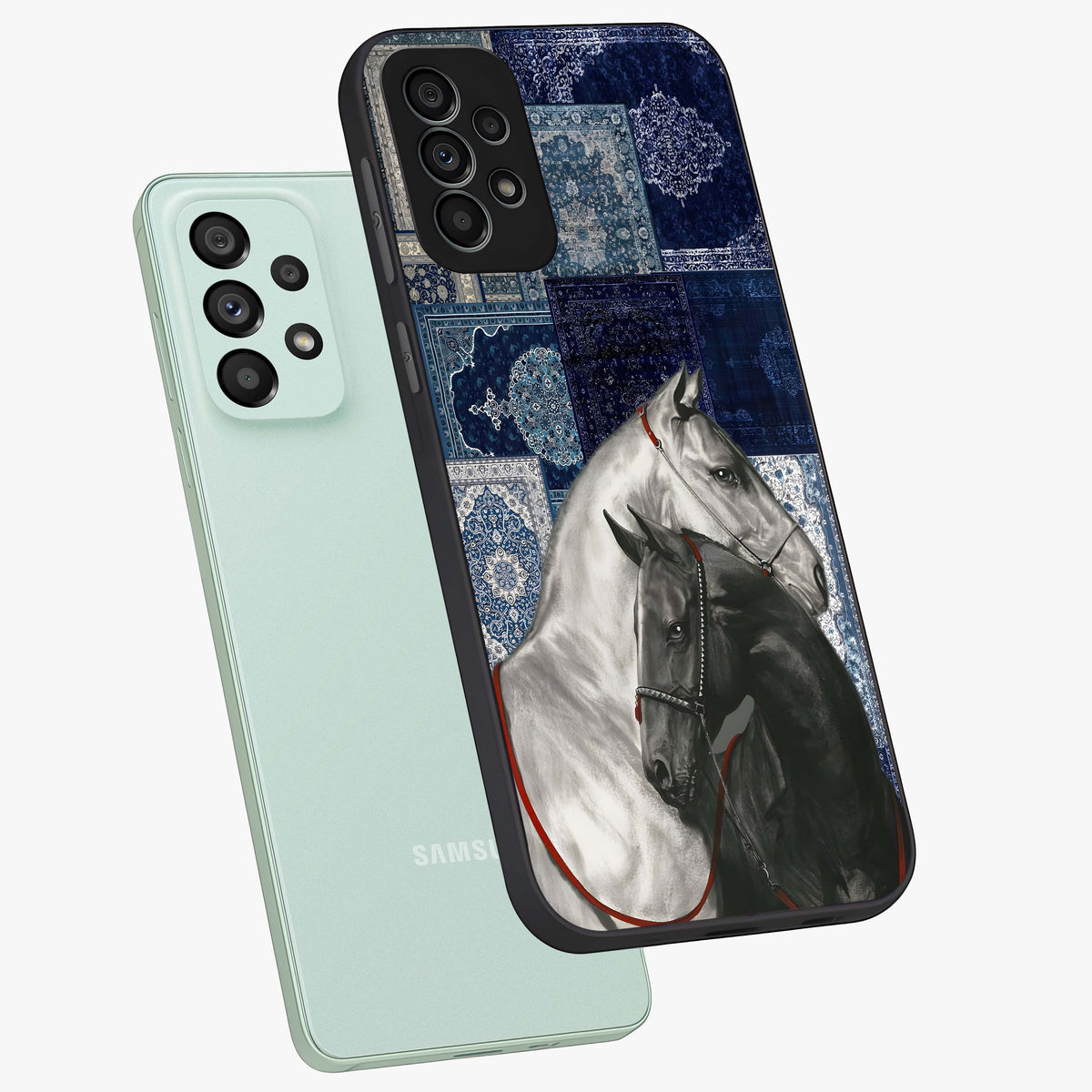 Midnight Stallion Blues Glass Case displayed in angled mockup highlighting powerful stallion illustration with deep midnight tones.