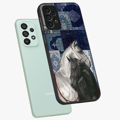 Midnight Stallion Blues Glass Case displayed in angled mockup highlighting powerful stallion illustration with deep midnight tones.