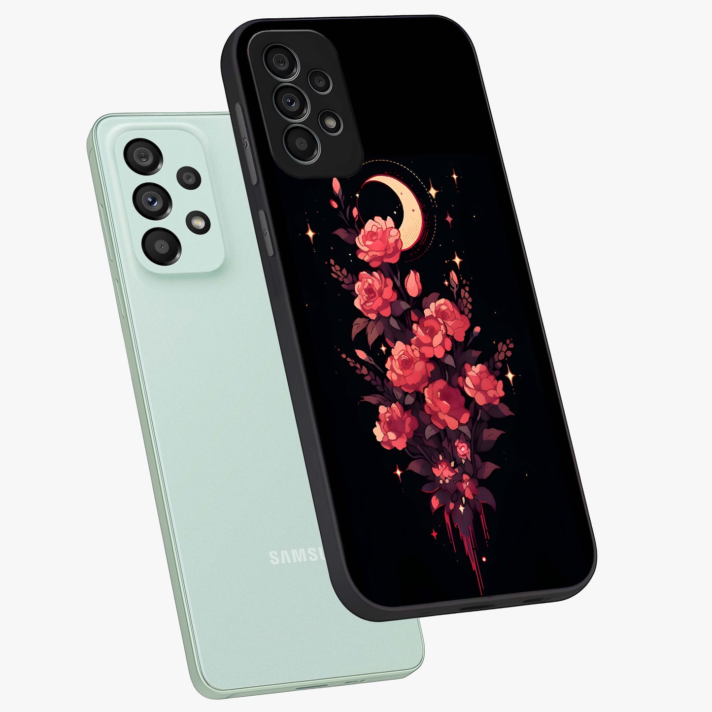 Moonlit Floral Elegance Glass Case displayed in angled mockup highlighting graceful flower design with soft moonlight aesthetic.