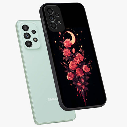 Moonlit Floral Elegance Glass Case displayed in angled mockup highlighting graceful flower design with soft moonlight aesthetic.