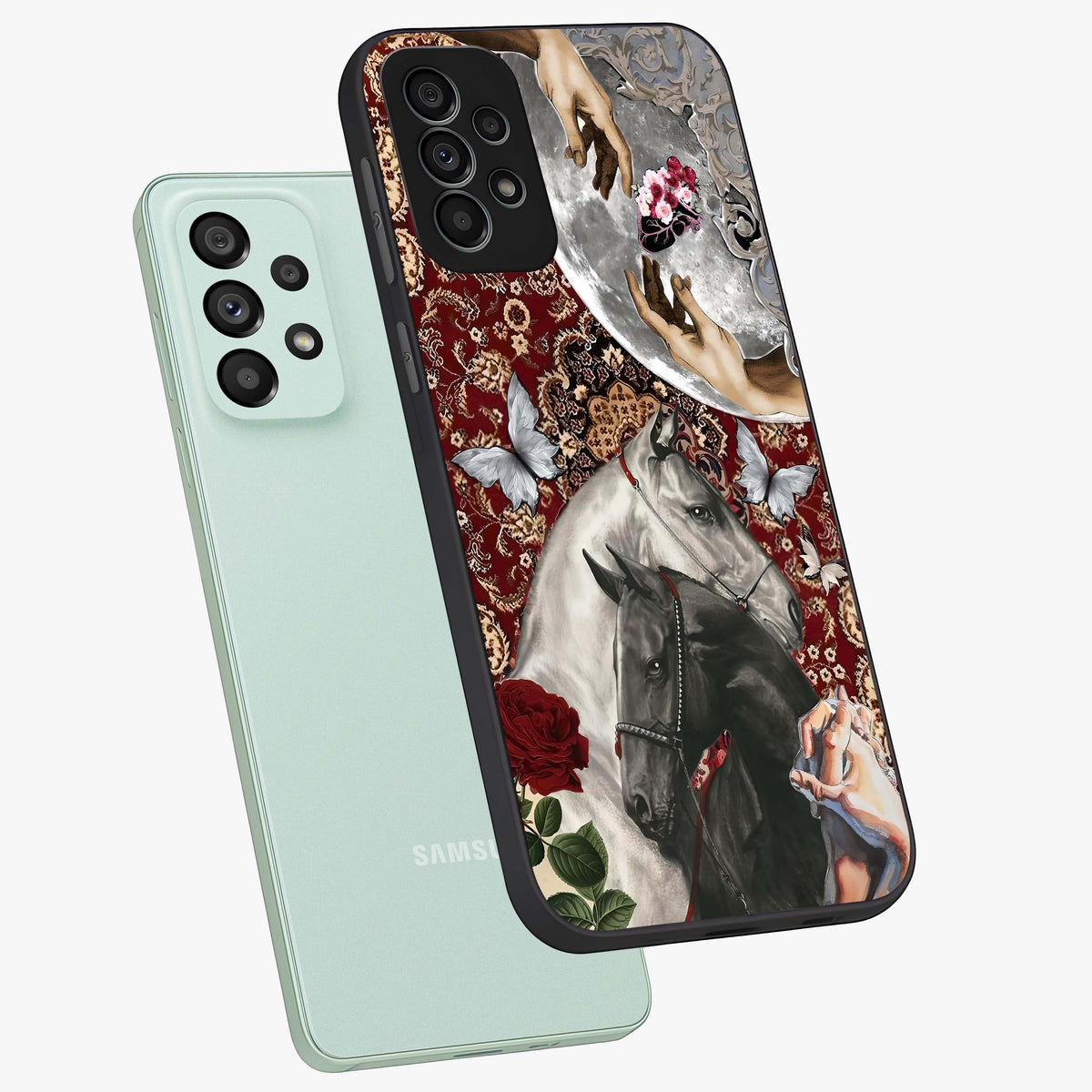 Moonlit Royal Stallion Glass Case displayed in angled mockup highlighting powerful stallion illustration with royal night aesthetic.