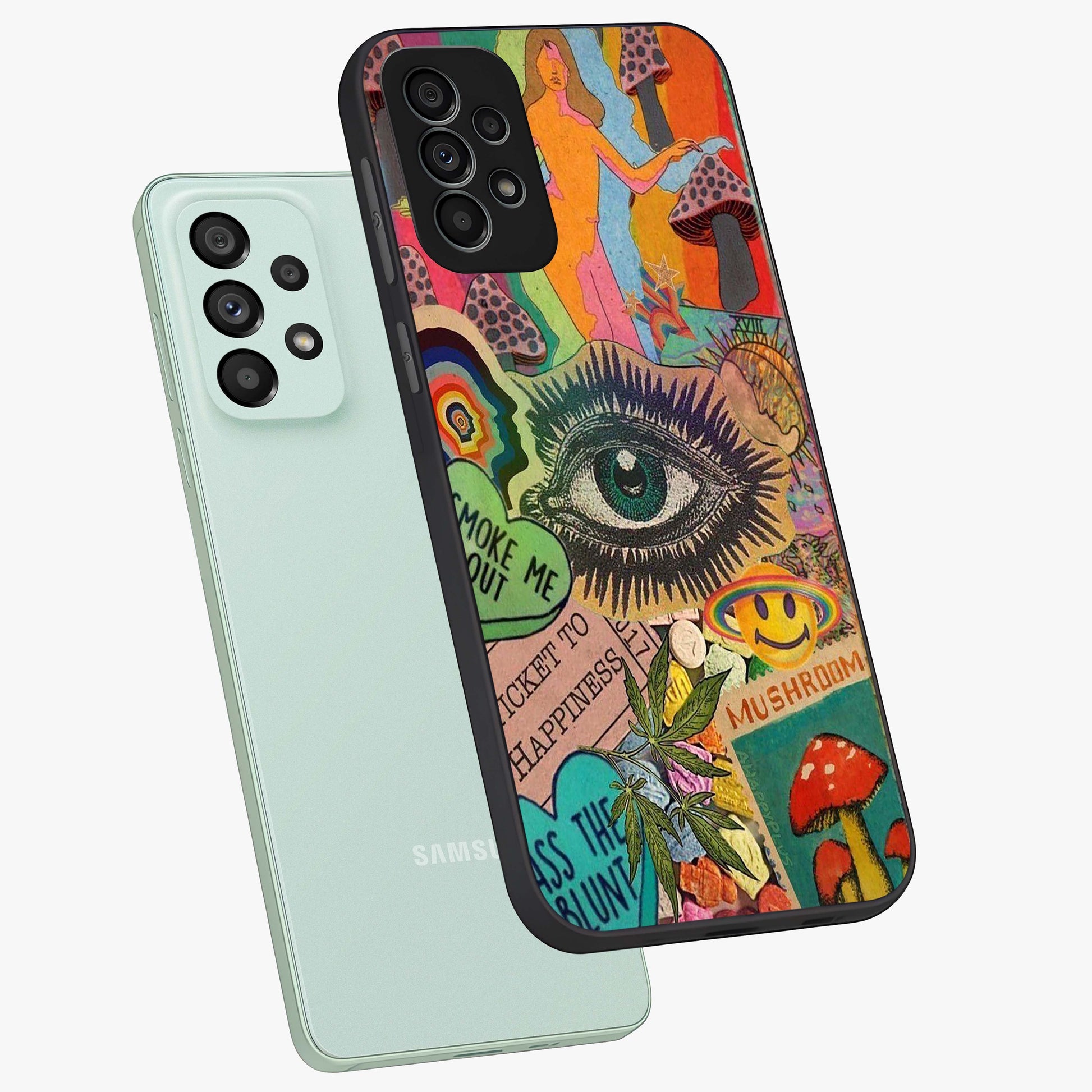 Mystic Eye Wonderland Glass Case displayed in angled mockup highlighting magical eye illustration with dreamy aesthetic.