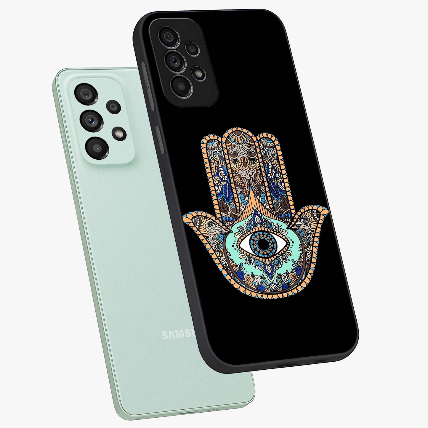 Mystic Hamsa Eye Glass Case displayed in angled mockup highlighting spiritual hamsa symbol with mystical aesthetic style.