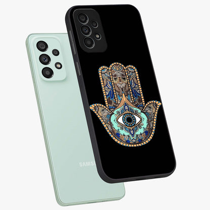 Mystic Hamsa Eye Glass Case displayed in angled mockup highlighting spiritual hamsa symbol with mystical aesthetic style.