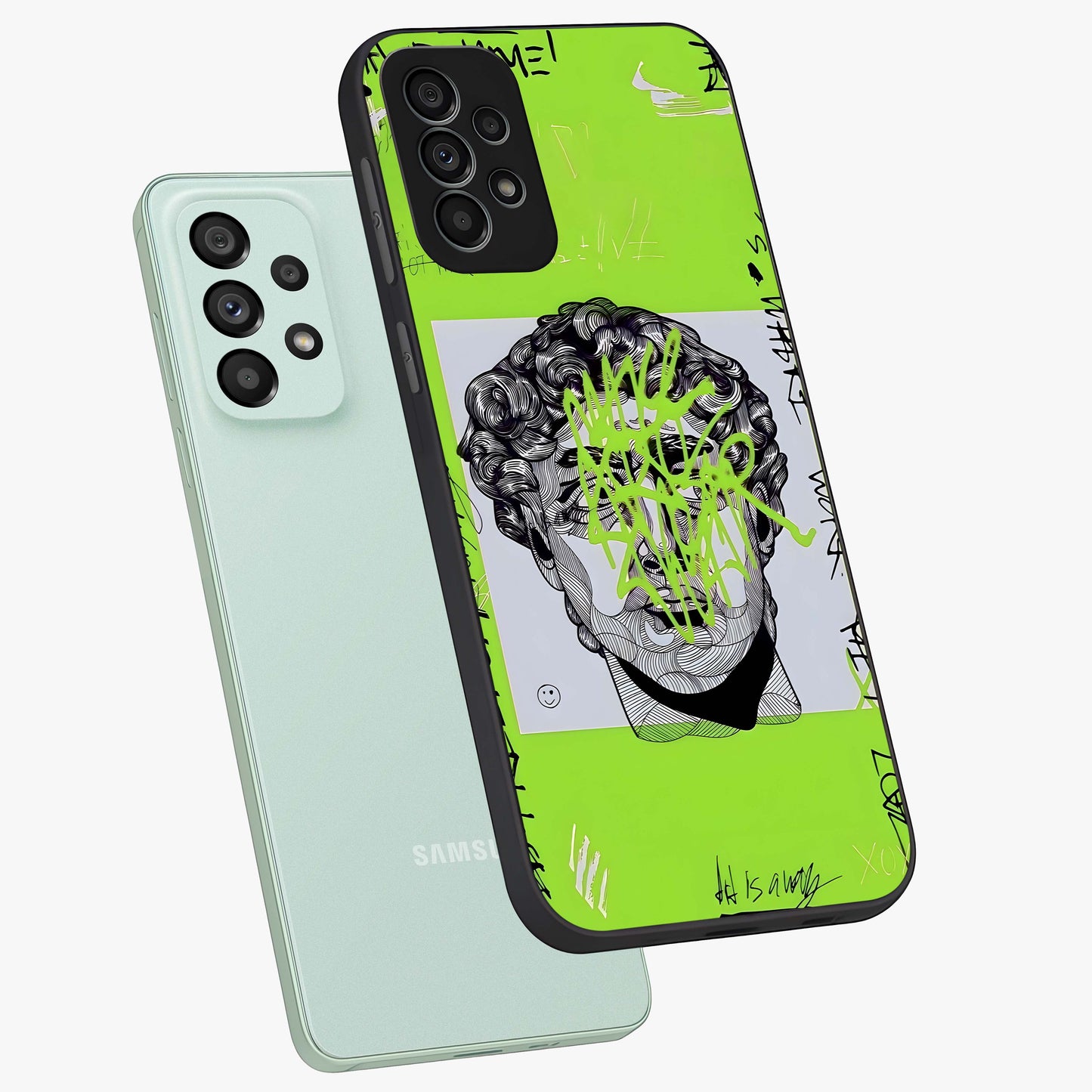 Neo Graffiti Rebellion Glass Case displayed in angled mockup highlighting urban street art design with rebellious aesthetic.
