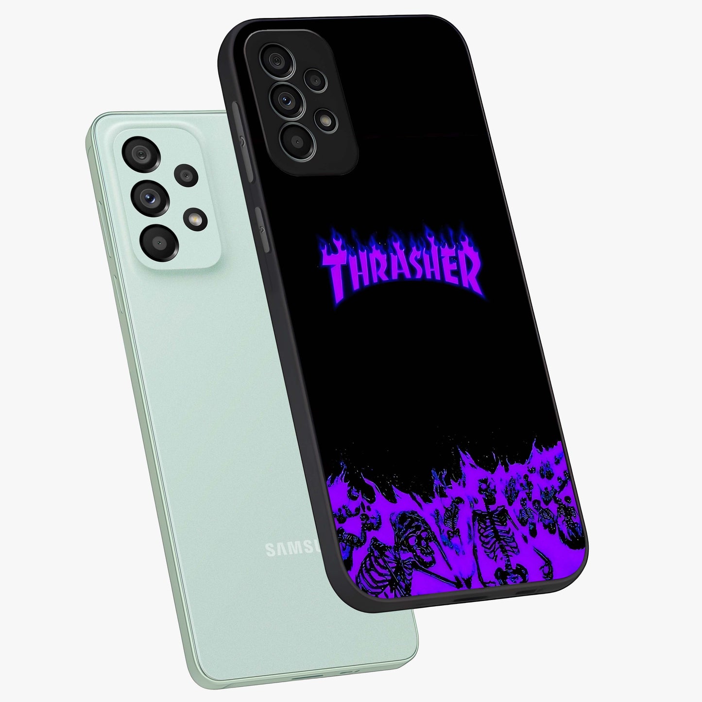 Neon Flame Riot Glass Case displayed in angled mockup highlighting glowing flame design with vibrant neon aesthetic.