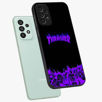 Neon Flame Riot Glass Case displayed in angled mockup highlighting glowing flame design with vibrant neon aesthetic.