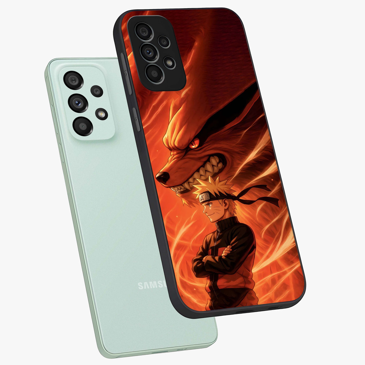 Nine Tails Legacy Glass Case displayed in angled mockup highlighting dynamic anime beast illustration with bold mystical aesthetic.