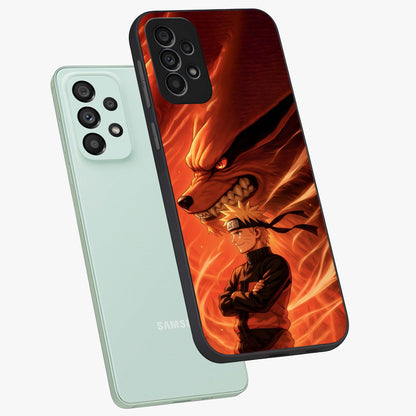 Nine Tails Legacy Glass Case displayed in angled mockup highlighting dynamic anime beast illustration with bold mystical aesthetic.