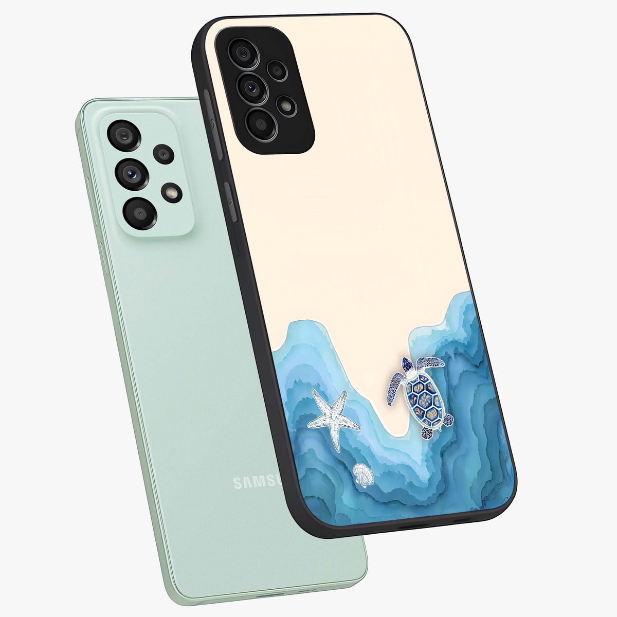 Ocean Drift Turtle Glass Case displayed in angled mockup highlighting peaceful ocean turtle illustration with marine aesthetic.