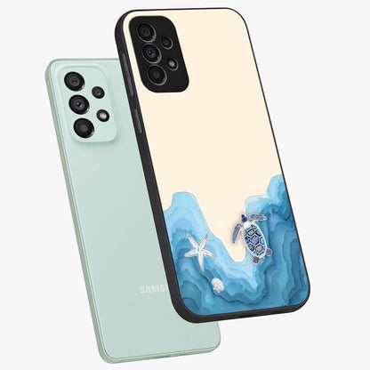 Ocean Drift Turtle Glass Case displayed in angled mockup highlighting peaceful ocean turtle illustration with marine aesthetic.
